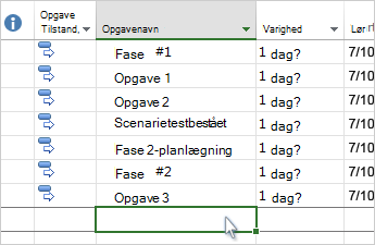 Skærmbillede, der viser en opgaveliste i Gantt-diagrammet.