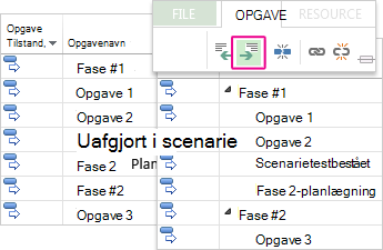 En opgaveliste med hovedopgaver og underopgaver i Gantt-diagrammet