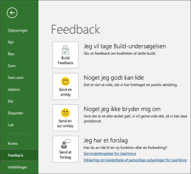 Klik på Filer > feedback for at kommentere eller komme med forslag til Microsoft Project