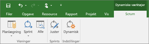 Skærmbillede af båndet i Project, der viser fanen Agile-værktøjer