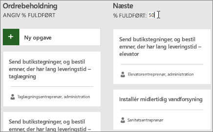Skærmbillede af opgavetavlen, hvor markøren angiver tallet 50 for % fuldført