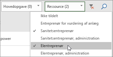 Skærmbillede af rullemenuen Filtrer ressourcer på opgavetavlen, hvor to ressourcer er markeret