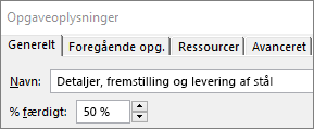 Skærmbillede af dialogboksen Opgavedetaljer viser Procent fuldført