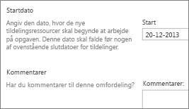 Startdato og Kommentarer