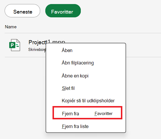 Skærmbillede, der viser indstillingen Fjern fra favoritter.