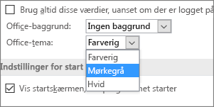 Rullemenu i Office-tema rullemenu med indstillinger for temaerne Farverig, Mørkegrå og Hvid