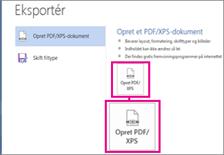 Opret PDF/XPS-knap under fanen Eksportér i Word 2016.