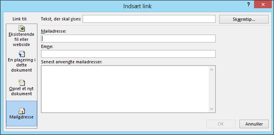 Oprettelse af et link til en mailadresse
