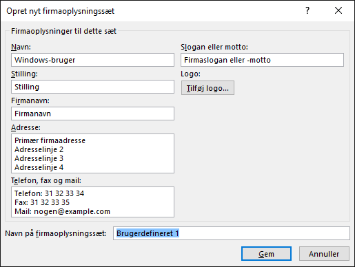 Skærmbillede af dialogboksen Opret nyt firmaoplysningssæt.