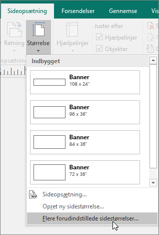 Skærmbillede af indstillingen Flere forudindstillede sidestørrelser på fanen Sideopsætning i Publisher.