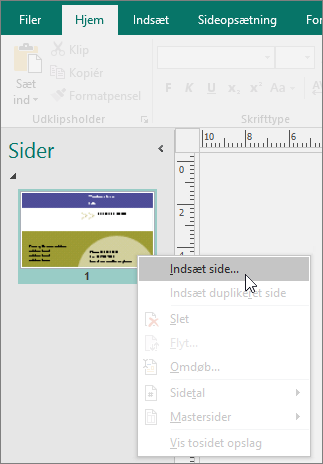 Indsæt side i navigationsruden Sider i Publisher.