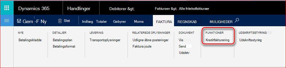 Dette billede viser, hvordan du finder funktionaliteten Kreditfakturering.