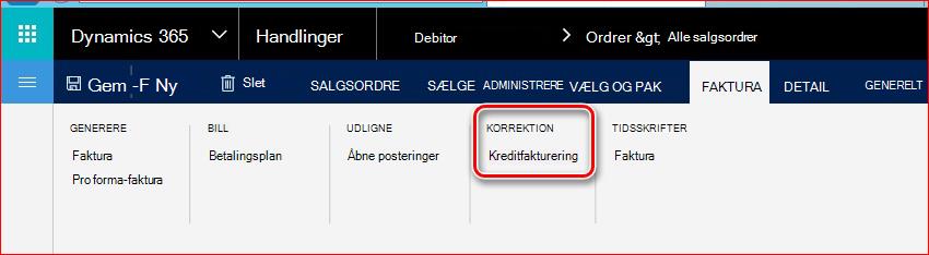 Dette billede viser, hvordan du finder funktionaliteten Kreditfakturering.