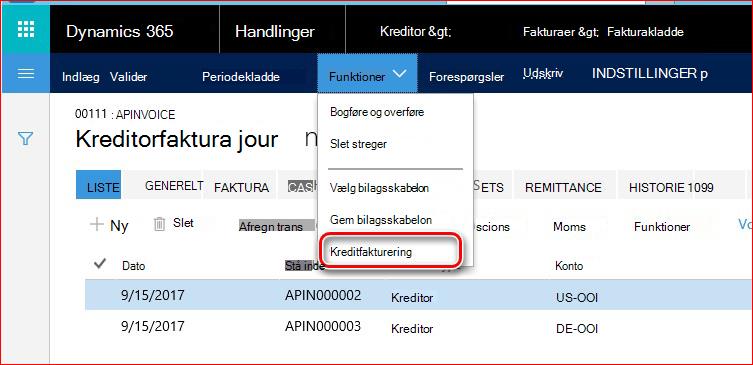 Dette billede viser, hvordan du finder funktionaliteten Kreditfakturering.
