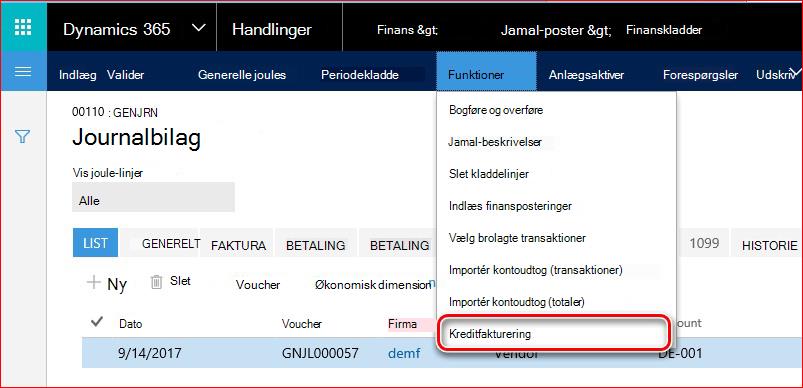 Dette billede viser, hvordan du finder funktionaliteten Kreditfakturering.