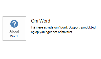 Skærmbillede af opdateringen og om indstillinger i Word.