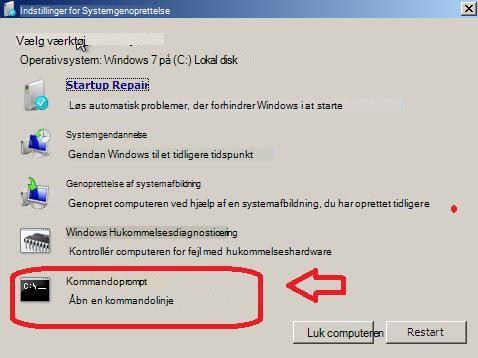 Menuen Indstillinger for Systemgenoprettelse med kommandoprompt valgt