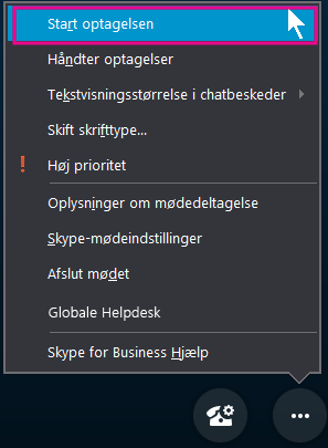 Under dit Skype for Business-møde skal du klikke på Start optagelse