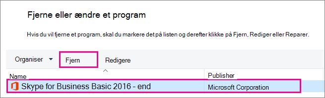 I kontrolpanelet skal du vælge Fjern programmer og derefter vælge Skype for Business