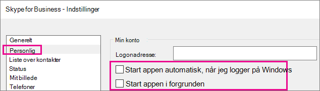 Vælg Personlig, og fjern markeringen af indstillingerne til at starte automatisk.