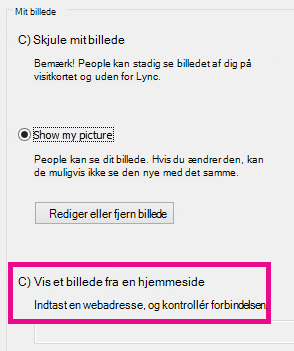 Skærmbillede af den del af Lync, hvor vinduet med indstillinger for Mit billede er, og hvor indstillingen til at vælge et billede fra et websted er fremhævet