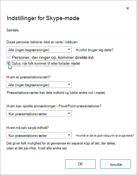 Dialogboksen Mødeindstillinger med Vis meddelelse, når folk kommer til eller forlader mødet fremhævet