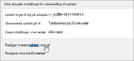 Menuen Viderestilling af opkald Link til teamopkald