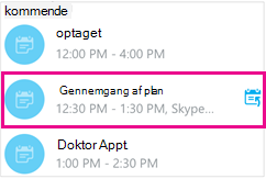 Skærmbilledet Kommende møder ved et møde fremhævet