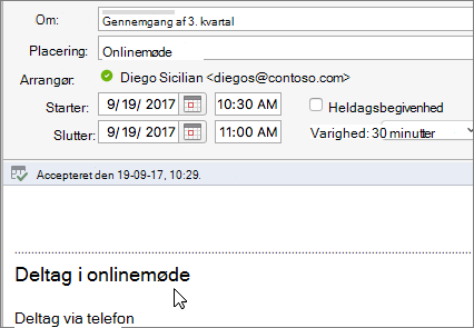 Skærmbillede af en mødedialogboks, der viser linket Deltag i onlinemøde.
