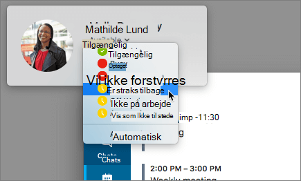 Skærmbillede af stående format i skype-vinduet med dialogboksen status for tilstedeværelse markeret.