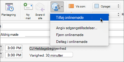 Skærmbillede af en mødeindkaldelse med Tilføj Skype-møde markeret på båndet.