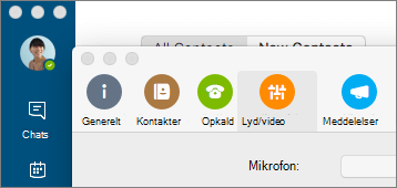 Skærmbillede af skærmen Indstillinger for Skype for Business, hvor ruden Lyd/video er markeret.