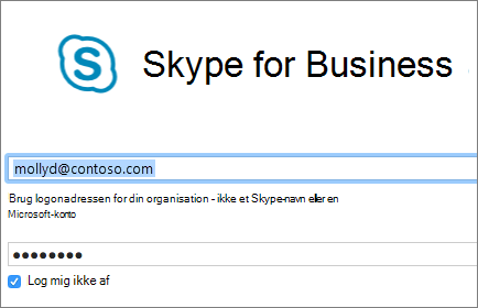 Skærmbillede af logonskærmen i Skype for Business.