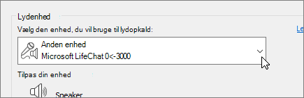 Et skærmbillede, som viser rullemenuen med lydenheder i dialogen Indstillinger for lydenheder.
