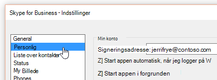 Vinduet Indstillinger i Skype for Business med fanen Personlig valgt.