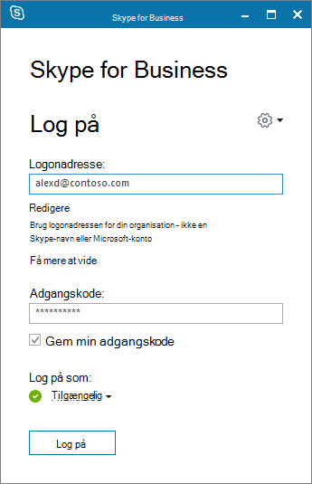 Billede af logonskærmen i Skype for Business