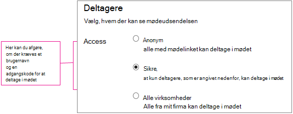 Skærmbilledet Mødeoplysninger med adgangsniveauer fremhævet