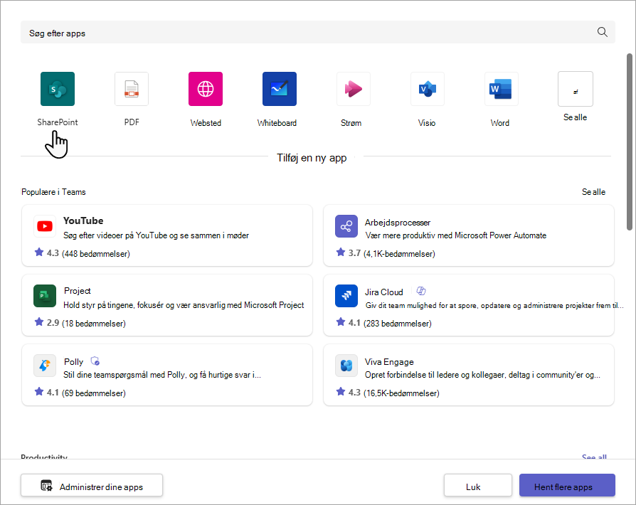 Dialogboksen Tilføje SharePoint-fane.