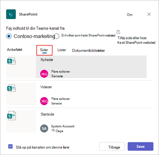 Føj indhold til din Teams-kanal fra dialogboksen.