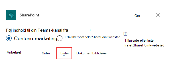 Vælg Lister for at føje lister til din Teams-kanal.