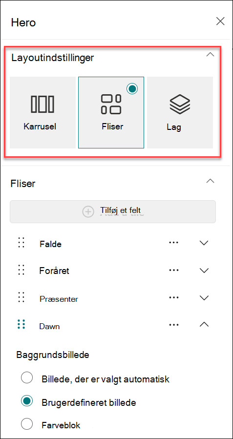skærmbillede af ruden Skift layout fra ruden Egenskaber