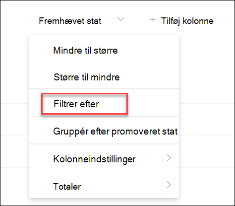 skærmbillede af Filtrer efter fremhævet stat