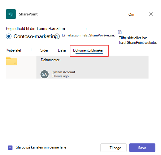 Føj et SharePoint-dokumentbibliotek til Teams.