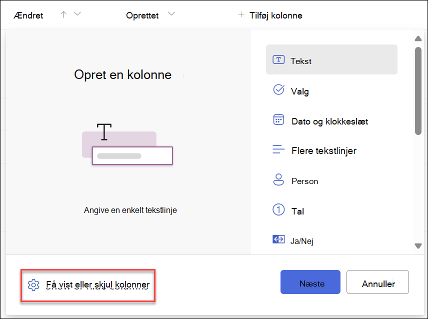 Skærmbillede af Vis, skjul kolonner markeret