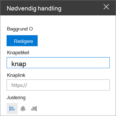 Værktøjskassen for webdelen Kald til handling for SharePoint-websteder, der viser, hvordan du tilpasser linket, knappen og justeringen af webdelen