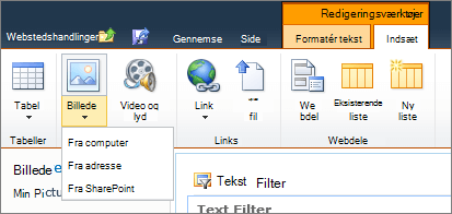 Klik på billedknappen på båndet, og vælg fra computer, adresse eller SharePoint.