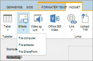 Skærmbillede af båndet i SharePoint Online. Vælg fanen Indsæt, og vælg derefter Billede for at vælge at overføre en fil fra din computer, en webadresse eller SharePoint-placering.