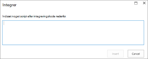 Skærmbillede af dialogboksen Integrer i SharePoint Online til at indsætte script eller integreringskode for video- eller lydfiler og efterfølgende indsættelse af koden.