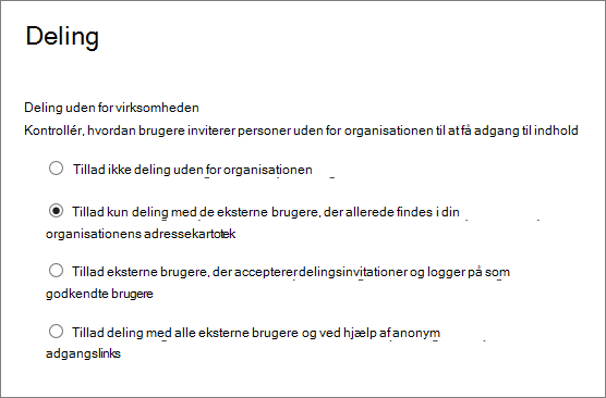 Indstillinger for deling med eksterne brugere