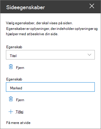 Webdelsruden Sideegenskaber